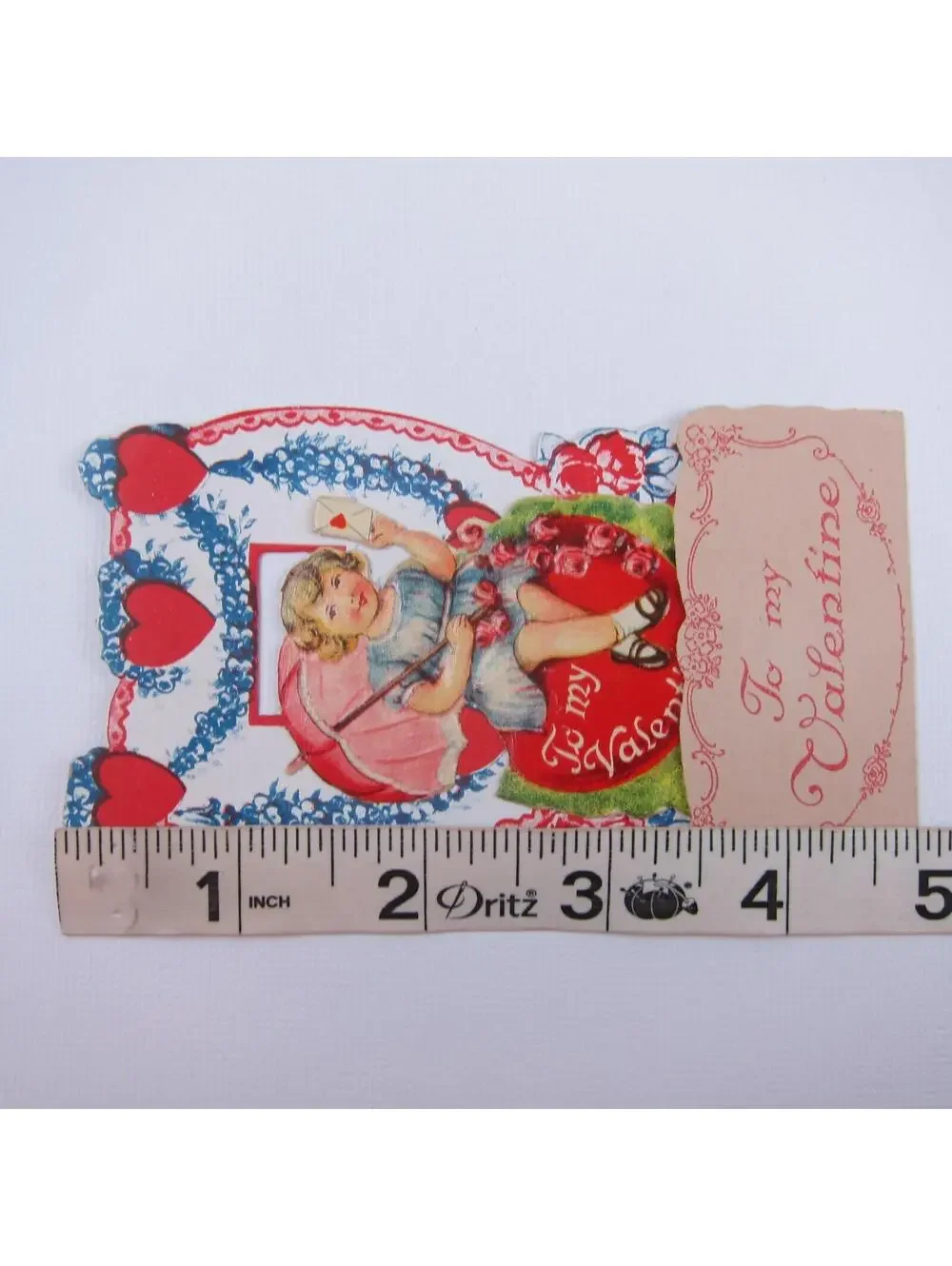 Vintage Valentine 3D Pop Up Die Cut Blonde Girl Blue Dress Red Umbrella & Hearts